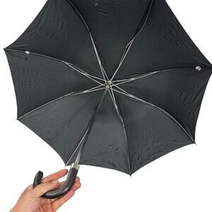 Vintage Black Umbrella W/ Leather? Handle  Curved Shepherds Hook - 34”